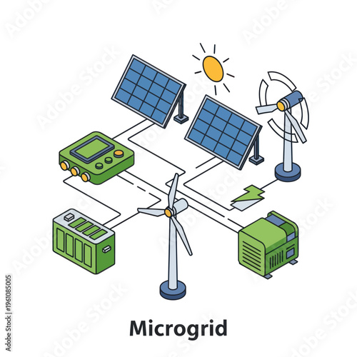Isometric Microgrid Illustration - Sustainable Energy System with Solar and Wind Power.