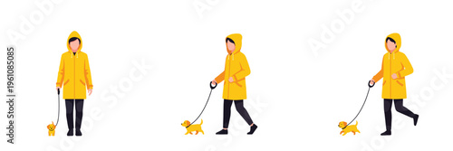 Person walking dog in raincoat with transparent background