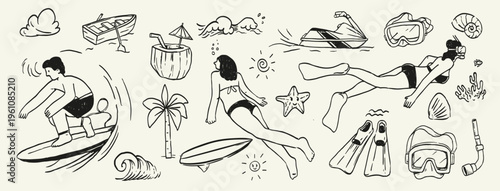 summer water sports doodle set with surfing, diving, snorkeling, swimming and ocean elements. Active vacation lifestyle illustration perfect for travel, sport and beach themes.