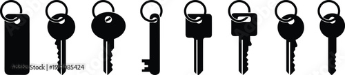 Collection of black key silhouettes featuring various door keys car keys and house keys with rings isolated on white background for security concepts