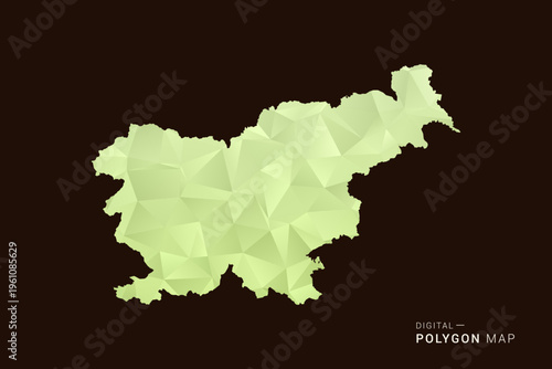 Slovenia Map - Low poly polygon map in soft light green gradient on dark brown background, modern minimal geometric style, clean abstract vector illustration design.