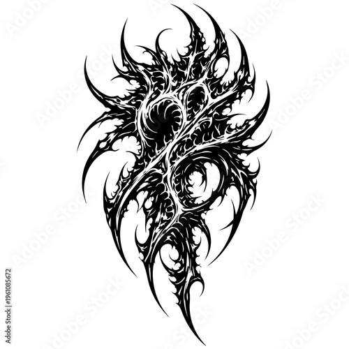 Dark Tribal Alien Emblem Vector – Abstract Biomechanical Tattoo Design, Black Ink Stencil Creature