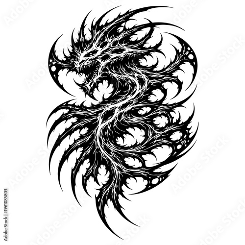 Abstract Alien Monster Tribal Vector – Dark Biomechanical Creature Tattoo, Black Ink Stencil Design