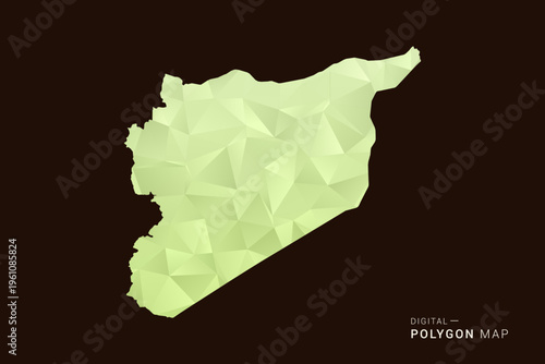 syria Map - Low poly polygon map in soft light green gradient on dark brown background, modern minimal geometric style, clean abstract vector illustration design.