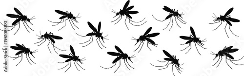 Collection of realistic mosquito silhouettes showing flying insects in various positions isolated on white background for health pest control and malaria prevention designs