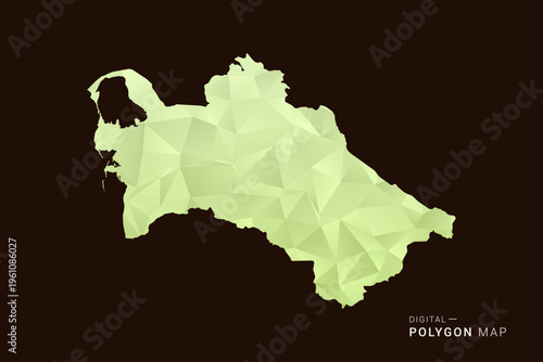 Turkmenistan Map - Low poly polygon map in soft light green gradient on dark brown background, modern minimal geometric style, clean abstract vector illustration design.