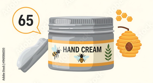 A vector graphic illustration of a hand cream jar with a honeycomb and bees, representing natural skincare products.