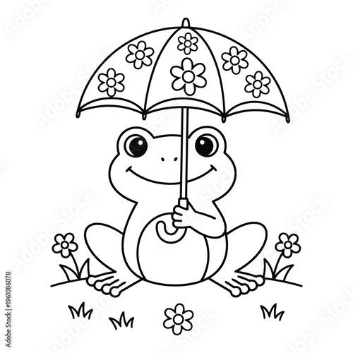 Vactor file on a smiling frog sitting under a floral umbrella on a with flowers. Coloring book Design