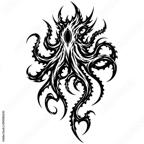 Abstract Alien Octopus Tribal Vector – Dark Biomechanical Tentacle Creature, Black Ink Tattoo Stencil Design