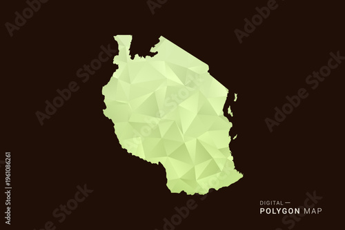 Tanzania Map - Low poly polygon map in soft light green gradient on dark brown background, modern minimal geometric style, clean abstract vector illustration design.