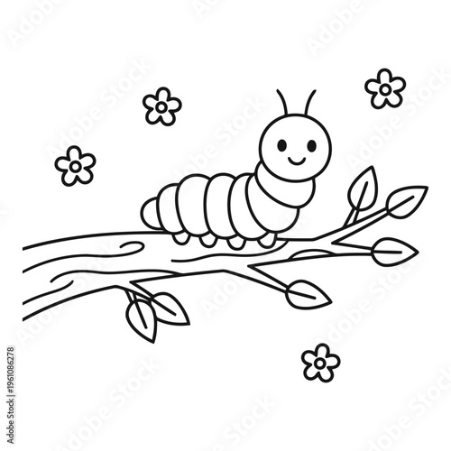 Vactor file on a cute caterpillar sitting on a tree branch with flowers. Coloring book Design