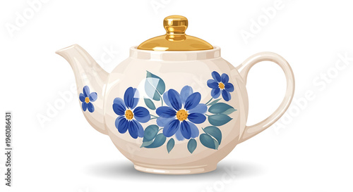 A beautiful ceramic teapot with a floral design and gold lid on a white background