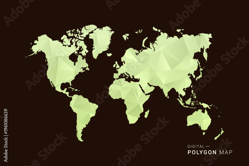 World Map - Low poly polygon map in soft light green gradient on dark brown background, modern minimal geometric style, clean abstract vector illustration design.