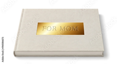 A beautifully designed white photo album with a gold plaque that reads 'FOR MOM' on a plain white background.