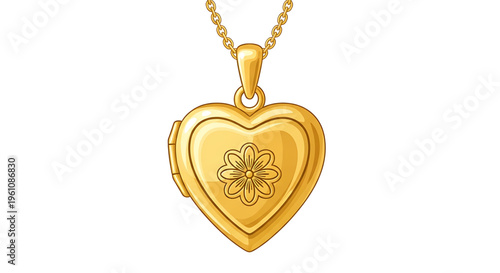 A gold heart-shaped locket with a flower design hangs from a delicate chain, symbolizing love and elegance.