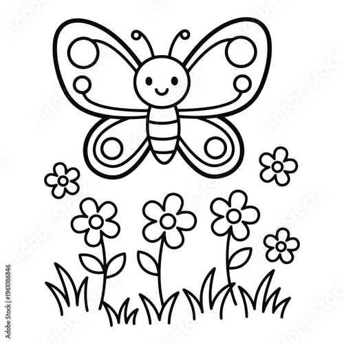Vactor file on a smiling butterfly with flowers. Coloring book Design