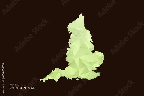 England Map - Low poly polygon map in soft light green gradient on dark brown background, modern minimal geometric style, clean abstract vector illustration design.