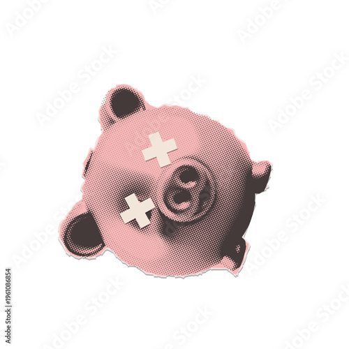 Dead piggy bank with crossed eyes concept. Financial crash and bankruptcy retro halftone collage. Vintage pop art vector illustration for economic crisis, lost savings and inflation metaphor.