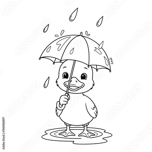 Vactor file on a cute cartoon duckling holding an umbrella on a rainy day. Coloring book Design