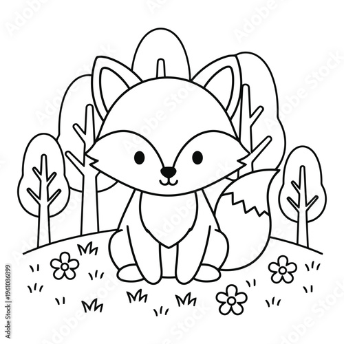 Vactor file on a cute cartoon fox sitting in a forest surrounded by trees and flowers. Coloring book Design