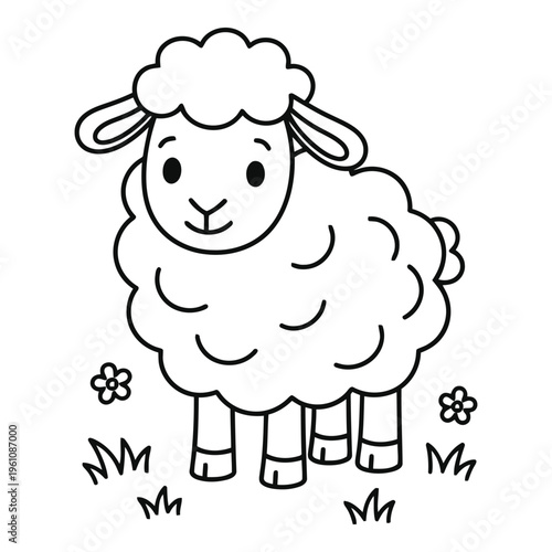 Vactor file on a cute cartoon sheep standing on grass with flowers. Coloring book Design