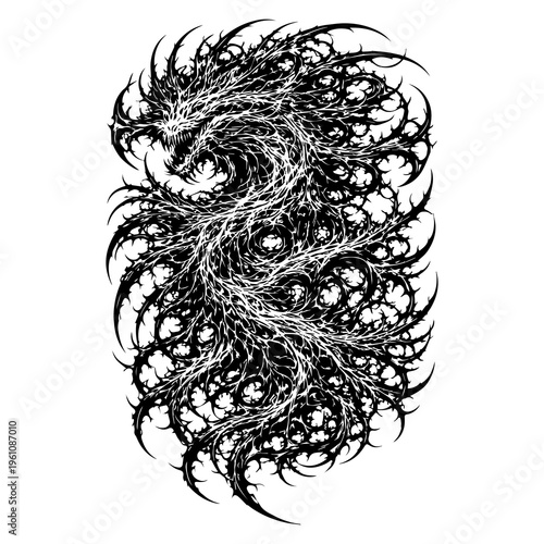 Abstract Alien Monster Tribal Vector – Dark Biomechanical Creature Tattoo, Black Ink Stencil Design