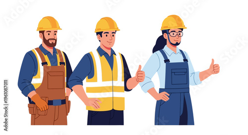 Diverse Construction Team of Professional Workers Wearing Safety Gear and Hard Hats Giving Thumbs Up, Vector Illustration isolated on White