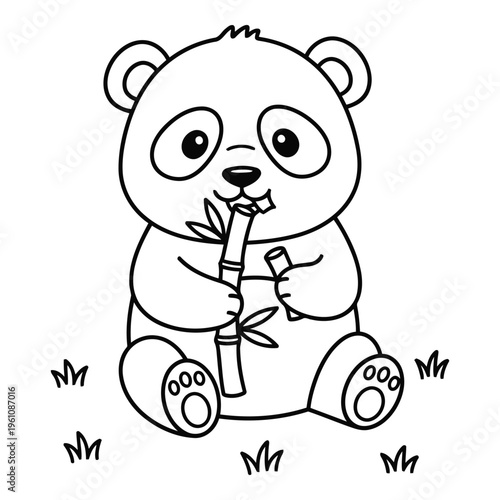 Vactor file on a cute panda bear sitting on the grass and eating a bamboo stalk. Coloring book Design