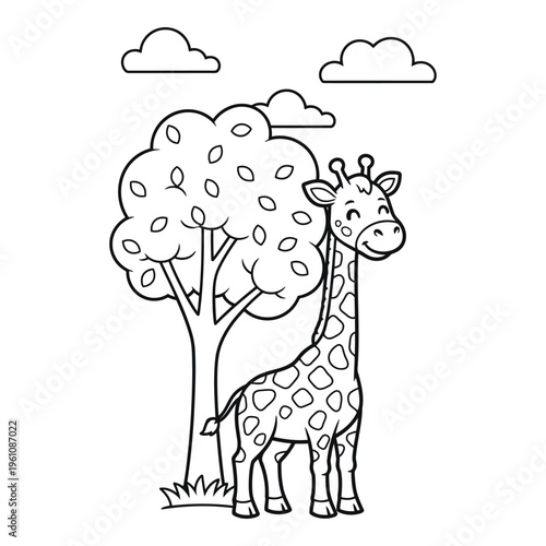 Vactor file on a black and white illustration of a giraffe standing next to a tree with clouds in the background. Coloring book Design