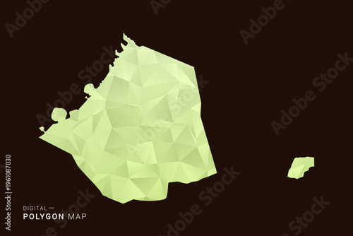 Dubai Map - Low poly polygon map in soft light green gradient on dark brown background, modern minimal geometric style, clean abstract vector illustration design.