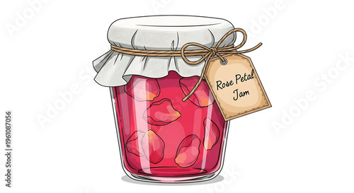 A colorful illustration of a jar of rose petal jam with a tag and twine