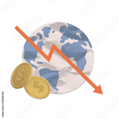 Global economic crisis and worldwide recession concept. Earth globe with red downward arrow and gold coins. Retro pop art halftone collage vector illustration for financial market crash metaphor.