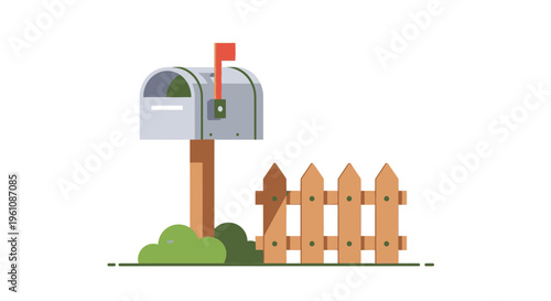 Flat Design Mailbox Vector Illustration with Picket Fence and Red Flag - Postal Delivery and Communication Concept Icon