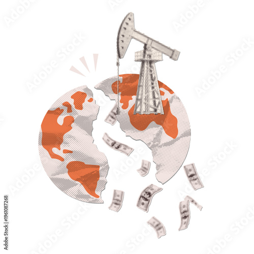 Global oil crisis and geopolitical conflict concept. Torn crumpled paper earth spilling dollars with oil rig. Retro pop art halftone collage vector illustration for energy deficit and inflation.
