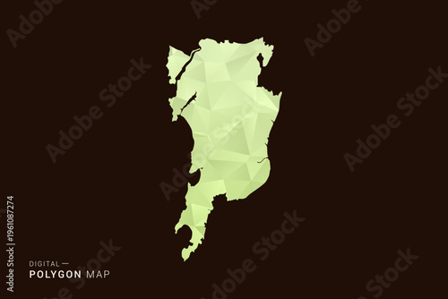 Mumbai Map - Low poly polygon map in soft light green gradient on dark brown background, modern minimal geometric style, clean abstract vector illustration design.