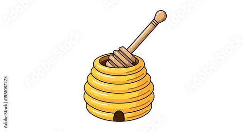 A colorful illustration of a honeycomb with a honey dipper on a white background