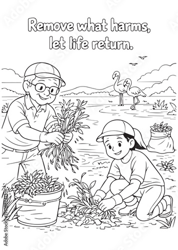 coloring book page grandfather removing harmful weeds so wetland life can return