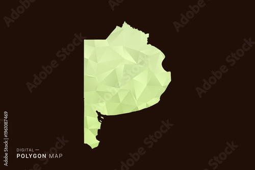 Buenos Aires Map - Low poly polygon map in soft light green gradient on dark brown background, modern minimal geometric style, clean abstract vector illustration design.