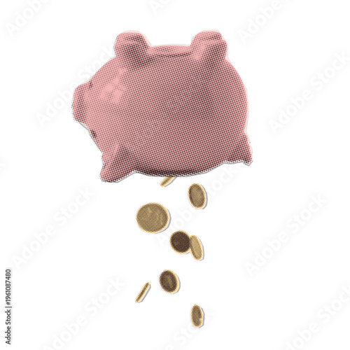 Emptying savings and unexpected expenses concept. Upside down piggy bank spilling coins and money. Retro halftone collage vector illustration for personal bankruptcy, inflation and financial loss.