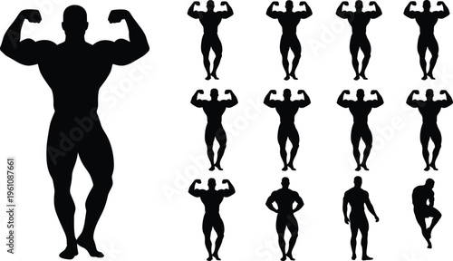 Set of muscular bodybuilder silhouettes showing various posing positions and double biceps poses isolated on white background for fitness gym and bodybuilding projects