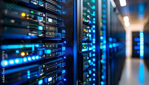 A server room with rows of computer servers emitting blue lights.