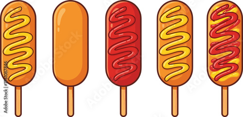 Corn dogs collection with ketchup and mustard toppings, deep fried sausage snacks on sticks, street food fast food vector illustration set