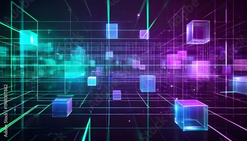 Glowing cubes float in a futuristic grid environment with neon lines and vibrant purple and blue lights.