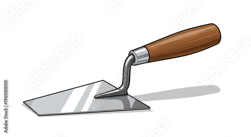 A vector graphic illustration of a trowel with a wooden handle and metal blade, used for applying and smoothing materials.