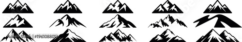 mountain landscape silhouette icon set peak hill nature vector collection, mountain range shapes simple outdoor landscape icons minimal design pack, nature mountain silhouettes collection peak 