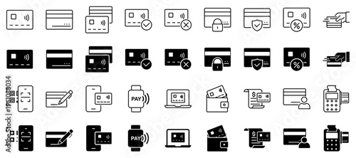 Credit card icon set. Containing payment, accepted, secure, contactless, wallet, and more. Solid vector icons collection.