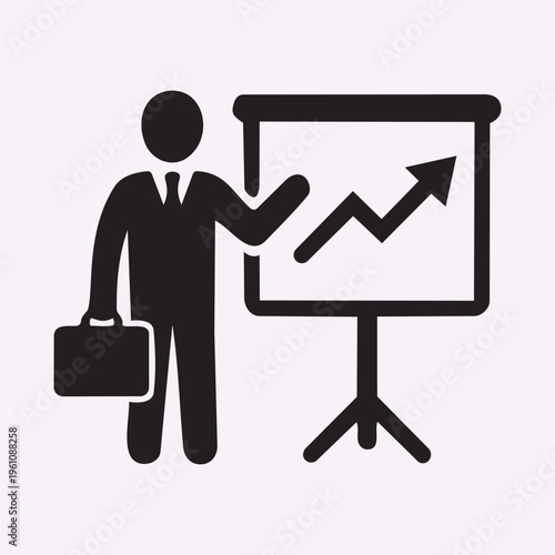 Businessman Explaining Presentation Stick Figure Silhouette Minimal Black Vector Illustration