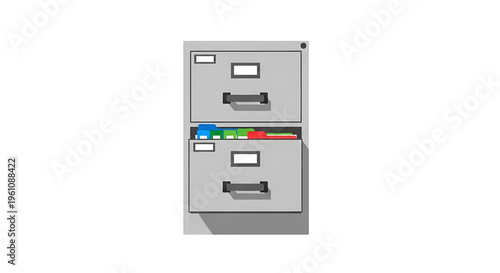 A minimalist vector illustration of a gray file cabinet with labeled drawers and colorful files