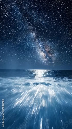 Low flying over the waves at night under a starry sky with the milky way shining overhead and ocean reflections visible