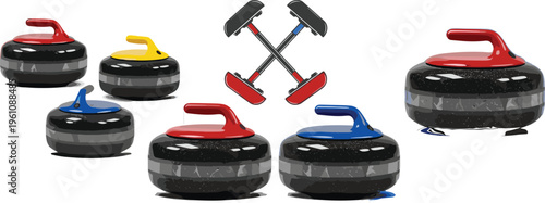 Curling sport equipment set with stones and brooms, winter ice game gear collection, professional curling elements vector illustration isolated